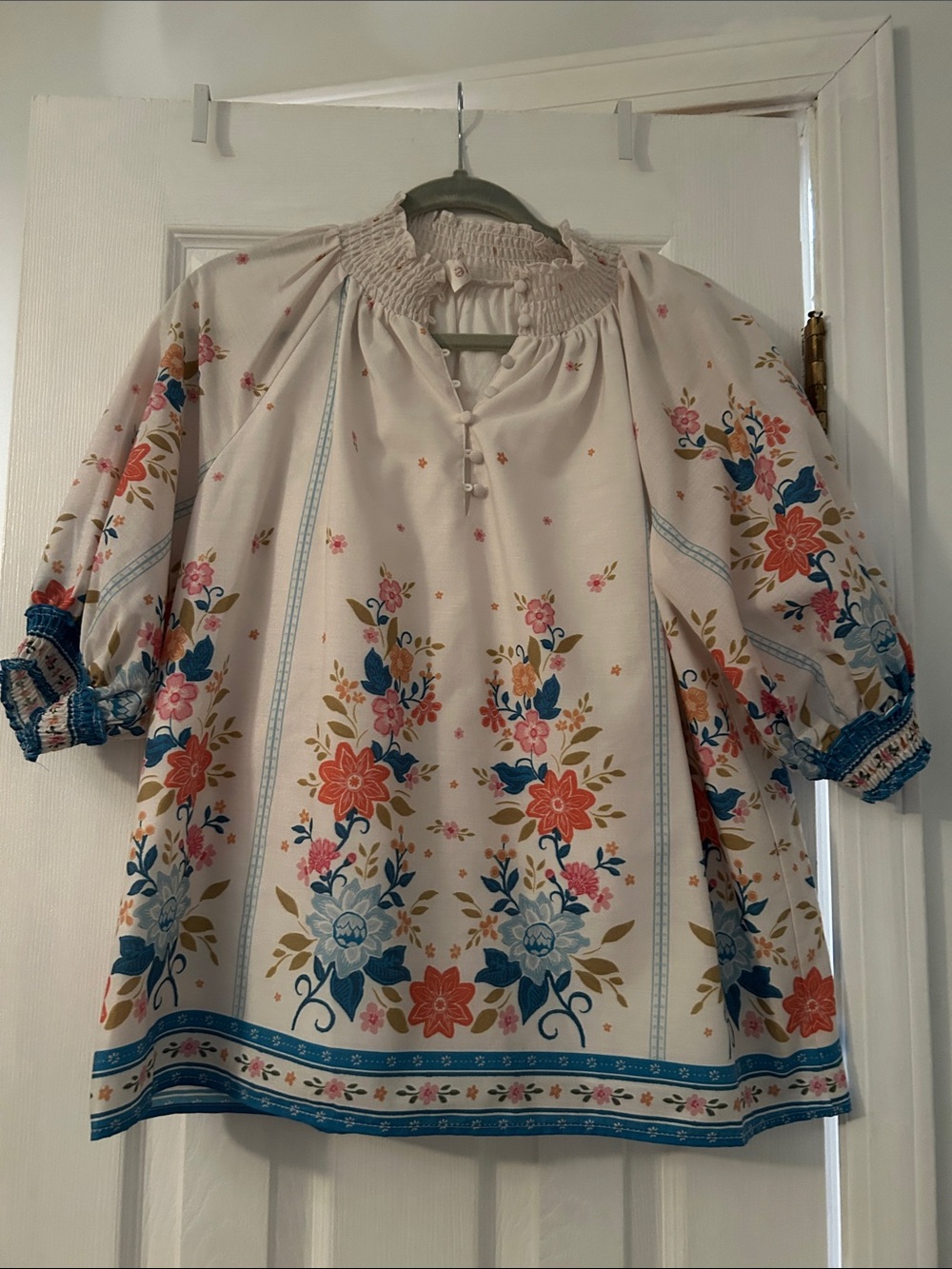 Floral Boho Peasant Blouse in Cream with Blue & Coral Accents